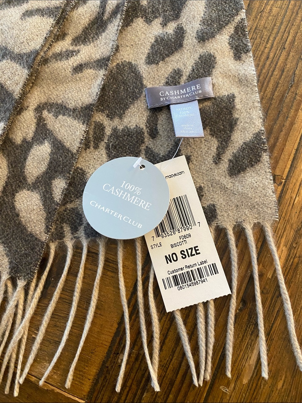 Charter Club 100% Cashmere Leopard-Print Fringe Scarf in Gray & Cream 64” x 10”
